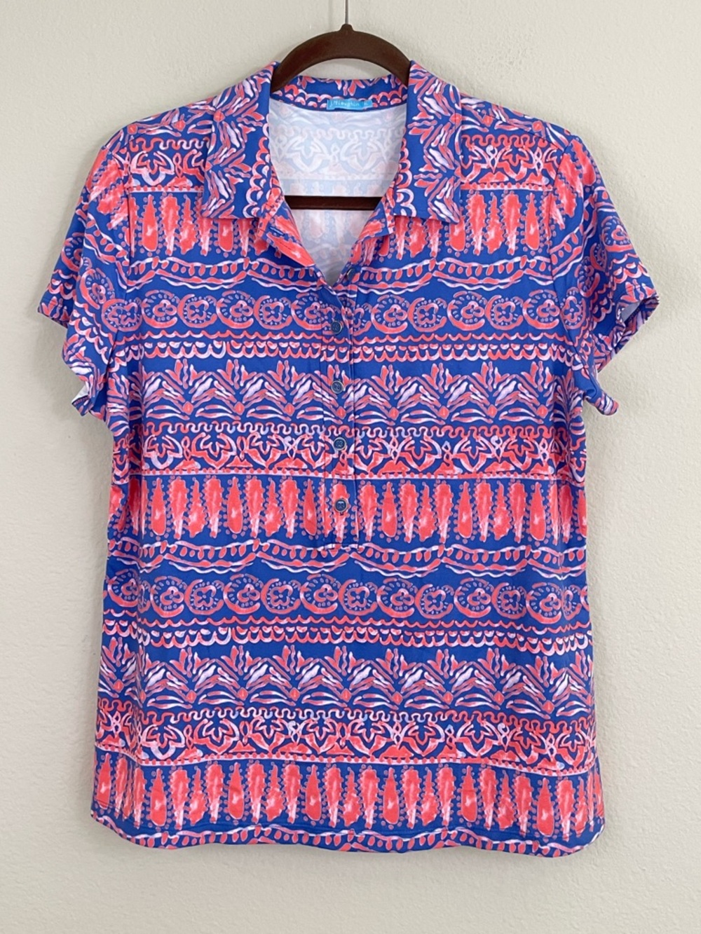 J.McLaughlin Coral Breach Print Short Sleeve Court Polo Top Catalina Cloth XL‎